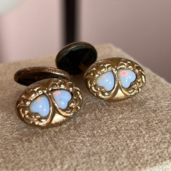 Antique Victorian Rolled Rose Gold Art deco double Opal Heart Cuff links - Picture 8 of 16